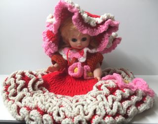 Vintage Doll W/ Hand Crocheted Red,  White & Pink Dress And Hat - Movable Eyes -
