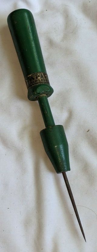 Antique Vintage Wood Spring Loaded Mechanical Ice Pick Green Tapit Chipless