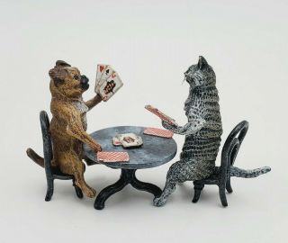 Vienna Bronze Pug Dog And Cat Playing Cards Bermann Austria Brass