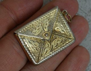 1906 English Solid Silver Stamp Envelope Case Holder Pendant With Gilt Finish