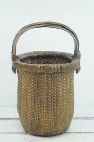 Antique Chinese Woven Rice Splint Basket With Wax Seal Carved Wood Handles 24 " H