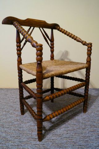 Antique Oak Bobbin Arm Chair With Rush Seat Circa 1900s Patina