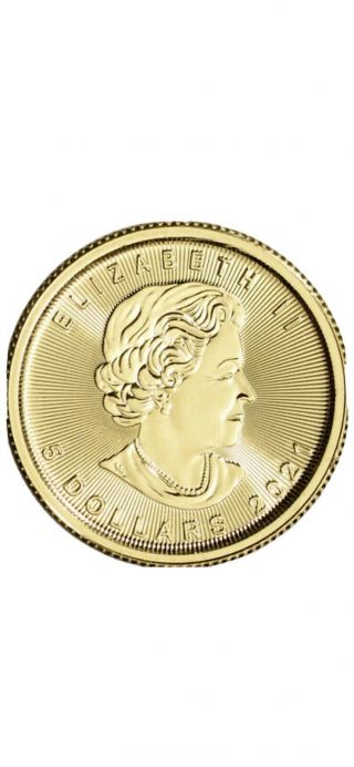 2021 1/10 Oz Canadian Gold Maple Leaf $5 Coin.  9999 Fine Bu
