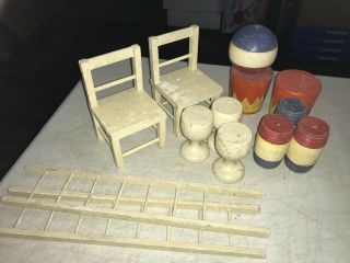 13 Pc.  Antique Schoenhut Humpty Dumpty Circus Accessories Ladders Chairs & More