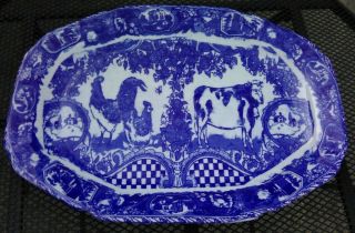 Antique Flow Blue Transferware Large Platter Cow & Chicken Rooster England