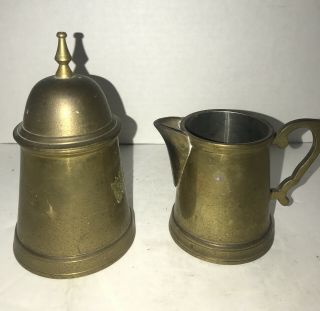 Vintage Solid Brass Creamer And Sugar With Lid Not Cleaned Or Polished