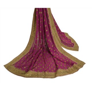 Sanskriti Vintage Dupatta Long Stole Georgette Purple Hand Beaded Wrap Scarves