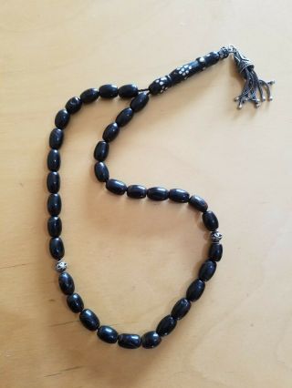 Antique Black Coral Rosary Prayer Beads Hand Inlaid Silver 27 G يسر حجازي مكاوي