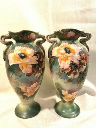 Pair Antique German Porcelain Royal Bonn? Hand Painted Vases 15 " T Unmarked Exac
