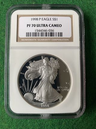 1998 P Silver Eagle Proof $1 Ngc Pf 70 Ultra Cameo 1 Oz.  Silver Coin