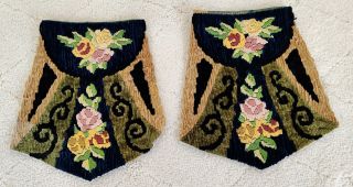 Pair Antique Chenille & Silk Roses Embroidered Needlepoint Panels Purse Tapestry