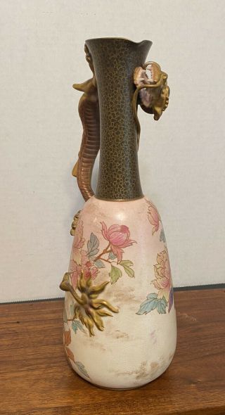 Antique (royal) Doulton Burslem Dragon Handle 10”ewer Vase Hand Painted Detailed