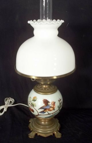 Antique Glass And Brass Victorian Oil Lamp With Colorful Hand Painted Bird