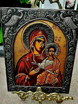 Antique Silver 18th Century Russian Icon Painted On Wood Virgin Mary Jesus
