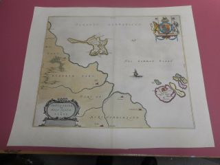 100 Large Holy Island Farne Map By J Blaeu C1646 Vgc/finehand Coloured
