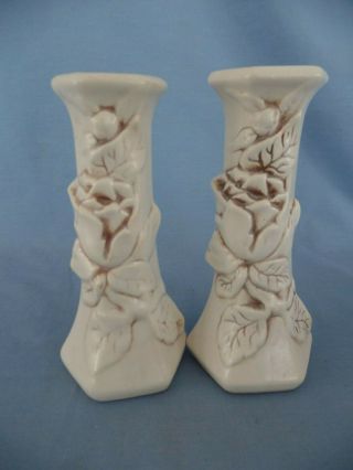 Red Wing Pottery Candle Holders 1324 Magnolia 6 " Tall Antiqued Ivory Flower