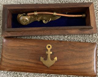 Vintage Boatswain Mate’s Pipe Whistle Brass Inlay Wood Box Chief Anchor Navy