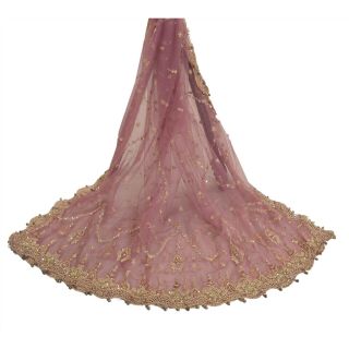 Sanskriti Vintage Dupatta Long Stole Net Mesh Pink Hijab Hand Beaded Scarves
