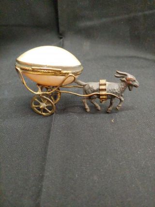 Beatiful Antique French Bronze Trinket Box Mother Of Pearl Cart Pulled By A Goat