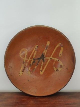 Primitive Large Redware Plate With Slip Letting And A Coggled Edge Pretty Design