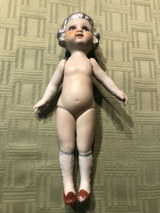 Vintage Bisque Porcelain Doll Strung Arms Legs 8” Tall Painted Molded Hair Jap