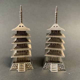 Japanese Pagoda Temple 950 Sterling Silver Salt & Pepper Shakers