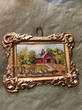 Vintage Dollhouse Miniature Artisan Js Hand Painted Oil Painting In Gilded Frame