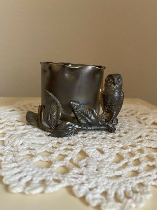 Aurora Toothpick Holder Silver Plate With Owl Sitting On Branch