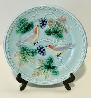 Antique Zell Germany Majolica Pottery Birds,  Grapes & Leaves 6” Plate