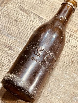 Antique Amber Coca Cola Embossed Bottle Straight Side Blank Bottom Bubbled Glass
