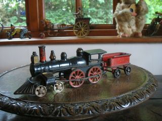 Antique Cast Iron Floor Train Steam Locomotive Tender Early Tin Period Toy