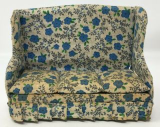 Vintage Dollhouse Miniature Upholstered High Back Sofa Couch Floral Furniture