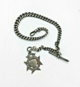 Vintage Hallmarked Silver Single Albert Watch Chain With Silver Fob Medal