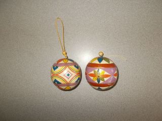 Ball Ornaments Pair Round Vintage Hand Painted Wood 2 5/8 Inch Pre Owned