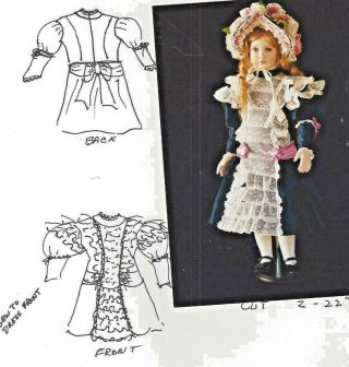 29 - 30 " Antique French German Doll Lace Panel Dress Wire Bonnet Underwear Pattern