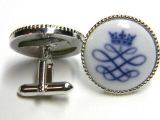 Swank Royal Copenhagen Blue Enamel Porcelain Jewelry Vintage Crown Cufflinks 2