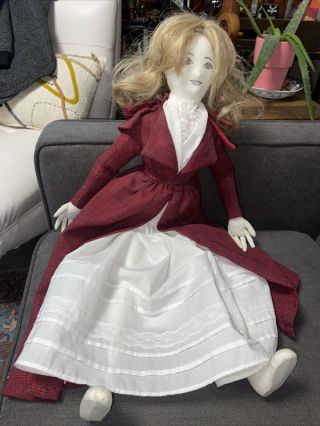 Vintage 1980s Folk Art Rag Doll Cloth With Wig Handmade 24” Tall