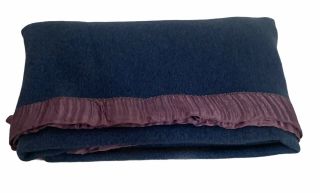 Vtg Retro Navy Blue Purple Wool Blanket American Woolen Co Satin Trim 62 " X 71 "