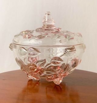Vintage Rose Crystal Catchall Dish With Lid / Mikasa Bella Rosa Glass Candy Jar