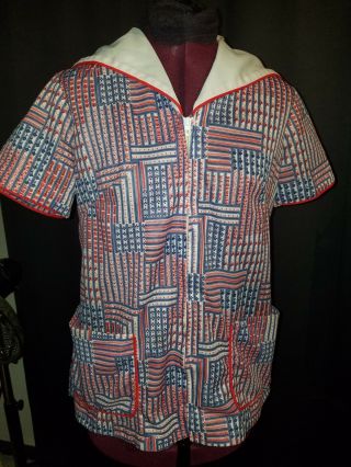 True Vtg 70s Zip Red/white/blue Knit Zip - Up Top Shirt M/l Sailor Collar