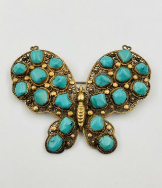Antique Old Chinese Export Gilt Silver Filigree Turquoise Butterfly Brooch Pin