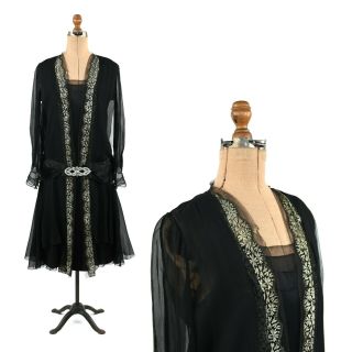 Vintage 20s Sheer Black Chiffon Mesh Metal Embroidered Drop Waist Art Deco Dress