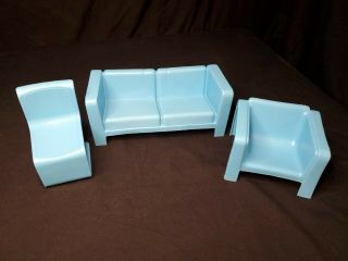 Vintage 1973 Mattel Blue Barbie Dream House Sofa Couch,  Chair With Dining Chair