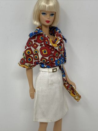 Vintage Clone Barbie Clothes Doll Outfit Mod Print Wrap Blouse And White Skirt