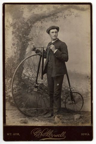 Antique Penny Farthing High Wheel Bicycle Cabinet Card Photo Iowa Man