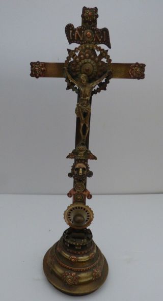 ° 1850 Antique Copper Brass Art Deco Jesus Christ Handmade Table Cross Crucifix