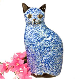 N.  S.  Gustin Vintage Blue Stipple Spongeware Sitting Cat Figurine Large Ceramic