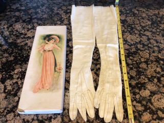 Quality Vtg Edwardian Opera Length Long White Soft Kid Leather Gloves 20”