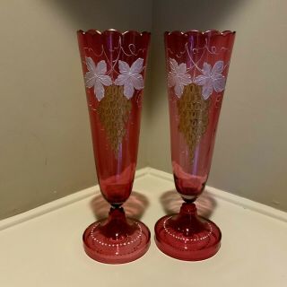 2 Antique Cranberry Glass Mantle Vase Urn Enamel Candle Holders Victorian N28