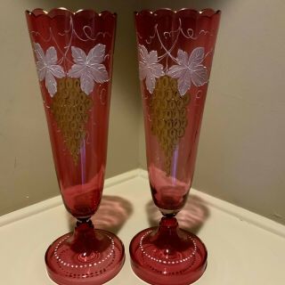 2 Antique Cranberry Glass Mantle Vase Urn Enamel Candle Holders Victorian N28 2